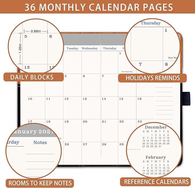 2026-2029 Pocket Calendar/Planner - 3 Year Monthly Pocket Calendar 2026-2029, from July 2026 to June 2029, 6.4" x 3.8", with Elastic Closure, Water Proof Leather