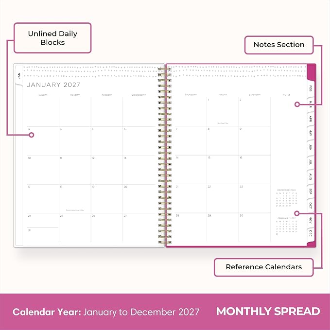Blue Sky Kelly Ventura 2027 Weekly and Monthly Planner Calendar, January 2027 - December 2027, 8.5" x 11", Flexible Cover, Laminated Tabs, Durable Twin Wire Binding, Storage Pocket, Includes Sticker Sheet, Magenta Blooms