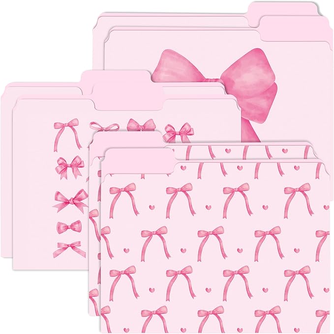 Xqumoi 12Pcs Coquette Pink Bow File Folders, Letter Size Bowknot Decorative File Pockets with 1/3 Cut Tab Pretty Colored Folders for Office Home Classroom Supplies Documents Paper, 8.9 x 11.6 Inch
