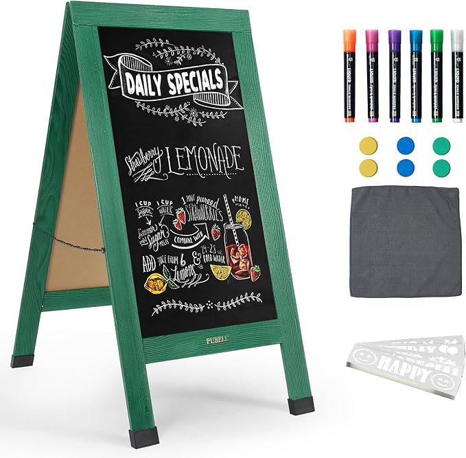 Large Sandwich A-Frame Chalkboard Sign - 40 x 20 Inches Green Magnetic Wooden Chalk Board for Sidewalk, Stand up Double-Sided Outdoor Easel Display for Restaurant Cafe Shop Wedding Party or Business
