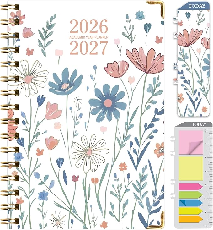 HARDCOVER Academic Year 2026-2027 Planner: 14 Months (May 2026 Through June 2027) 5.5"x 8" Daily Weekly Monthly Planner Yearly Agenda. Bookmark, Pocket Folder and Sticky Note Set (Colorful Botanicals)