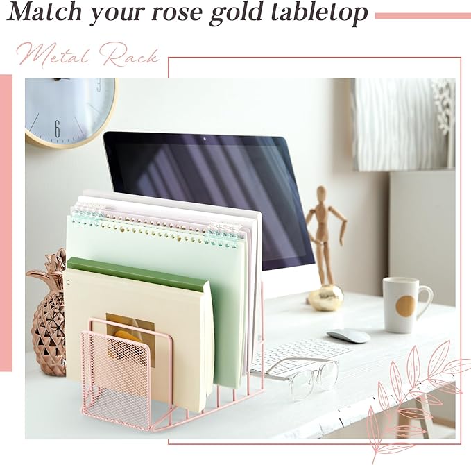 2 Pcs 7 Section Wire File Organizer for Desk, Metal Mesh Incline File Holder, Letter & Magazine Folder Rack, Desktop Paper Sorter for Home Office School (Pink)
