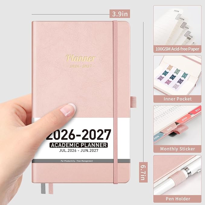 AHGXG Pocket Calendar 2026-2027, July 2026 - June 2027, Academic Planner, Weekly and Monthly, Small Size for Purse, Hardcover, 12-Month Tabs, for Women, School, 3.9"X 6.7" (Rose Gold)