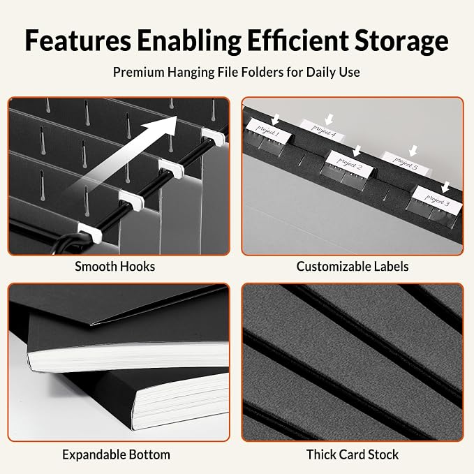 SUNEE Hanging File Folders Legal Size, Black File Folders 25 Pack 1/5-Cut Tabs, Stay Organized for Your Home and Office Bulk File and Documents