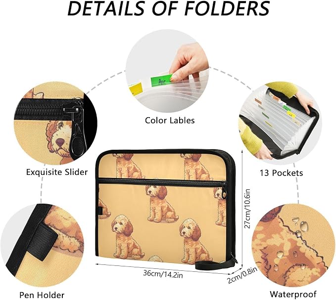 Expanding File Folder Poodle Dog Yellow Accordion File Organizer 13 Pockets Document Organizer with Zipper Labels A4 Letter Office Storage