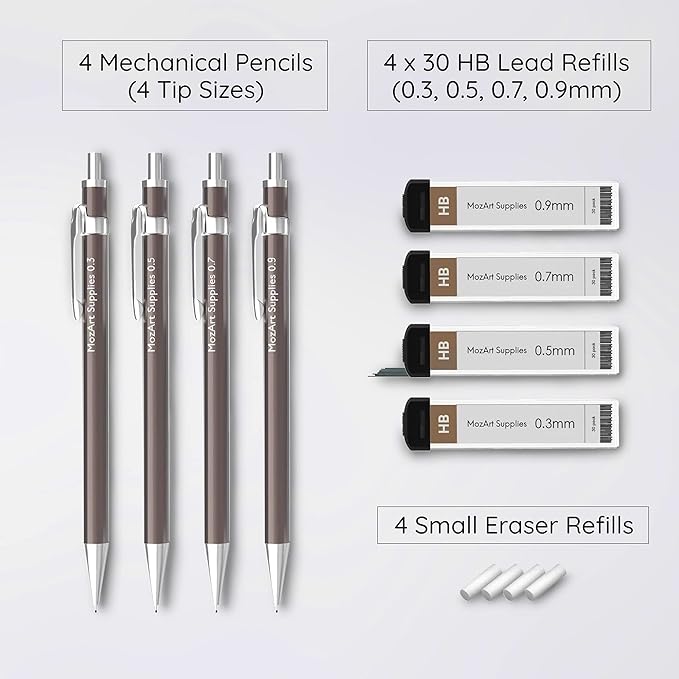 MozArt Supplies Mechanical Pencil Set with Case - 4 Sizes: 0.3, 0.5, 0.7 & 0.9mm with 30 HB Lead Refills Each & 4 Eraser Refills - Sketch, Drafting, Art, Drawing Supplies (Nickel)