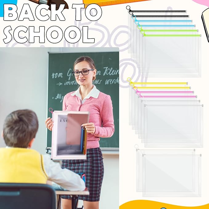 Yexiya 30 Pcs Back to School Clear Plastic Zip Envelope A4 Zipper Document Folder 13 x 9.7In File Folder Expanding Envelope Pouch for Paper Pencil Storage Office Supplies (Stylish Colors)
