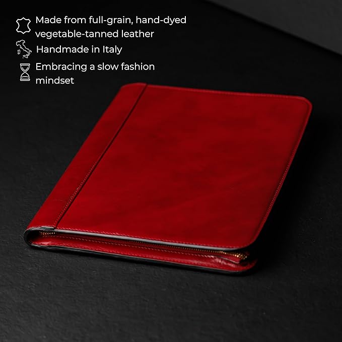 Time Resistance Leather Portfolio - A4 Document Folder - Italian Handcrafted Padfolio Organizer (Red) - Gift Box Included