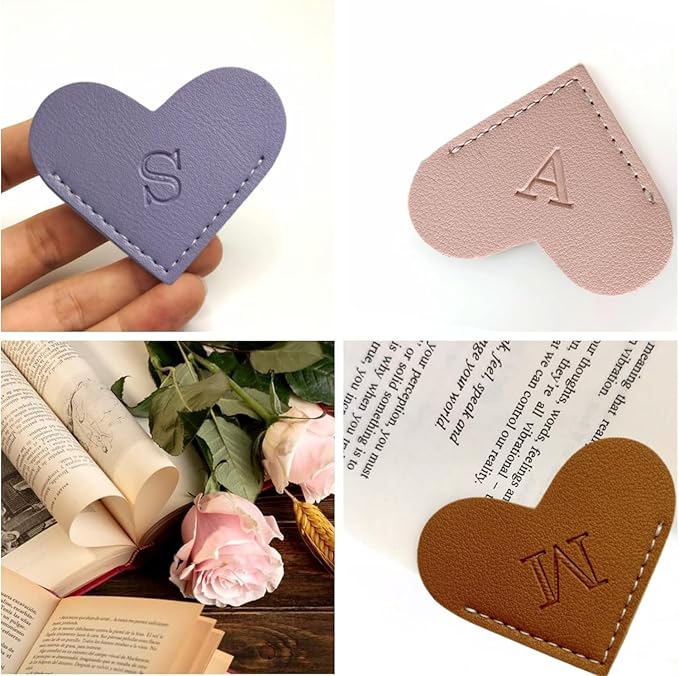 Personalized Leather Book Marks, Heart Bookmark, Unique Cute Handmade Letter Bookmarks Accessories for Reading Women, Teacher, Student, Book Lovers Book Mark Gifts (Purple, I)