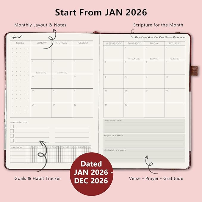 2026 Christian Life Organizer in Brown – 12-Month Bible Study Journal and Prayer Planner, Faith & Productivity Weekly Organizer, Christian Gifts for Men & Women