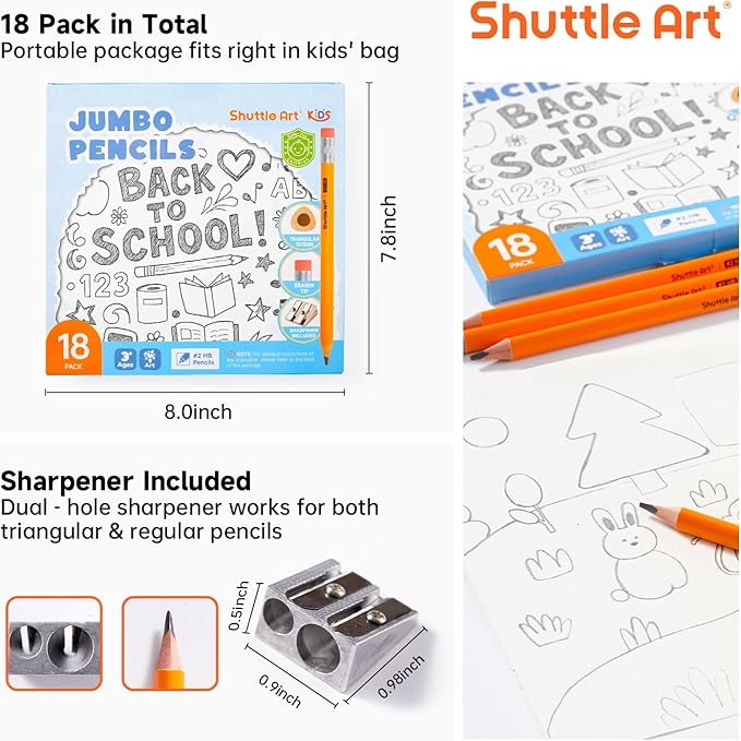 Shuttle Art Jumbo Pencils - 18 Pack Triangle Pre sharpened Pencils #2 HB with Top Erasers & Sharpener, for kids Ages 4-8, Kindergarten School Supplies, Ideal for Home, Classroom