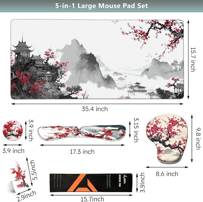 AQQA Japanese Desk Mat Set, Large Gaming Mouse Pad with Wrist Rest, Ergonomic Mouse Pad Keyboard Mat Wrist Support,Phone Holder,Cup Coaster,Home Office Desk Accessories Decor Supplies, Cherry Blossom