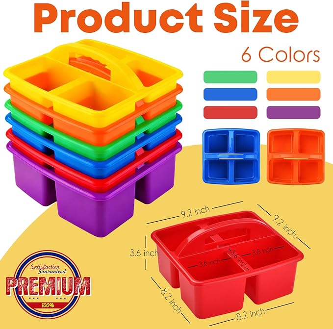 ALINK Plastic Classroom Caddy Organizer with Handle, 6-Pack 4 Compartments, Teacher Supply Storage Caddy for Classroom Organization, Table, Desk, Office, Craft Art for Kids - Assorted Colors