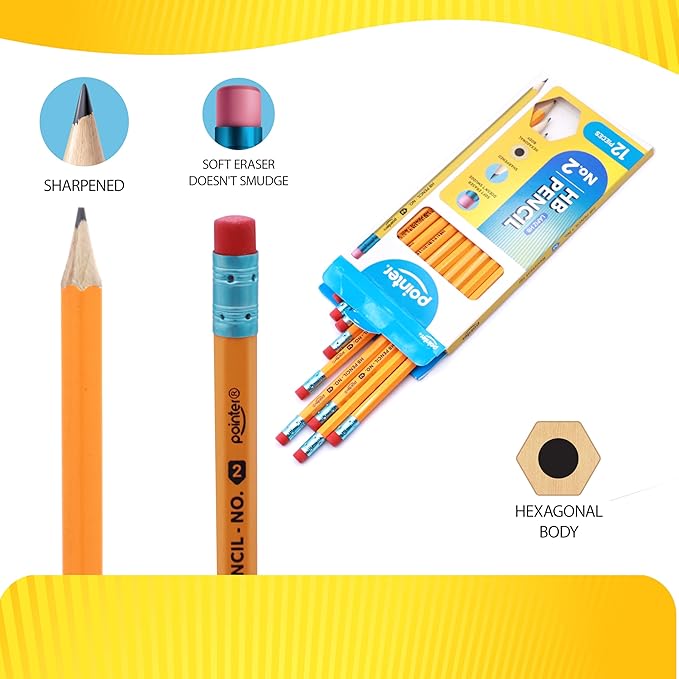 Pointer No. 2 HB Pencils – 12 Pack Pre‑Sharpened Yellow Wood‑Cased Pencils with Soft Erasers, Hexagonal Body for School, Office & Standardized Testing
