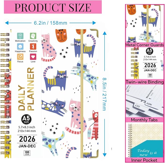 2026-2027 Academic Planner Weekly and Monthly, A5 Agenda July 26 - June 27 with 100GSM Thick Paper, Hardcover Notebook with Tabs,Elastic Closure & Inner Pocket,Cute Cat for Women,Teacher,Students