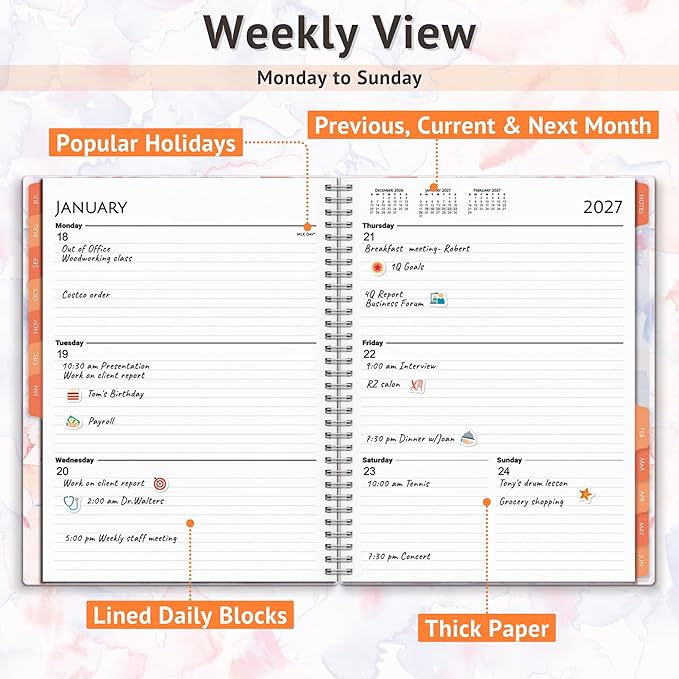 CRANBURY 2026-2027 Academic Large Planner 8.5 x 11, July 2026 to June 2027, Watercolor Theme, Planning Book, Monthly Tabs, Movable Bookmark, Stickers