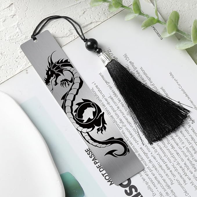 Fantasy Dragon Bookmark Gifts - Cool Metal Book Mark Reading Men Boys Unique Page Makers with Tassel for Students Teens Kids Novel Lovers Fans Bookish Graduation Birthday Back to School