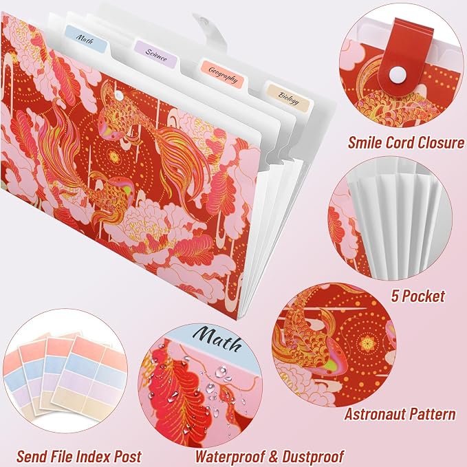 Cute File Folders, Expanding File Folders with 32 Labels, 5 Pocket File Organizer, Accordion File Organizer Letter Size for School, Office and Home - Lucky Koi Red Style Set of 4
