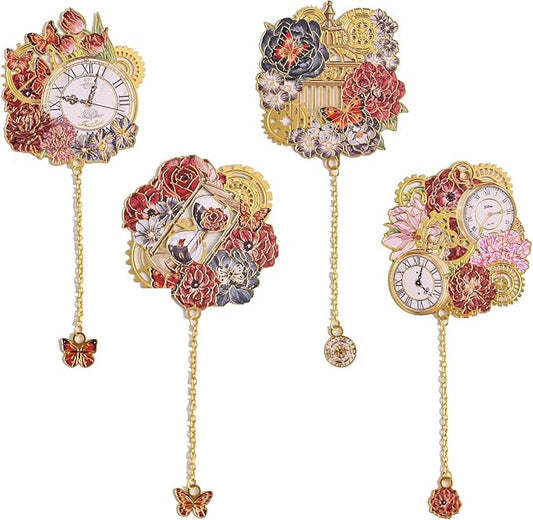 4pcs Vintage Metal Bookmark with Pendant Chain, Retro Steampunk Bookmarks, Flower & Clock Book Marks for Reading Women, Men, Kids, Book Lover, Teachers, Students