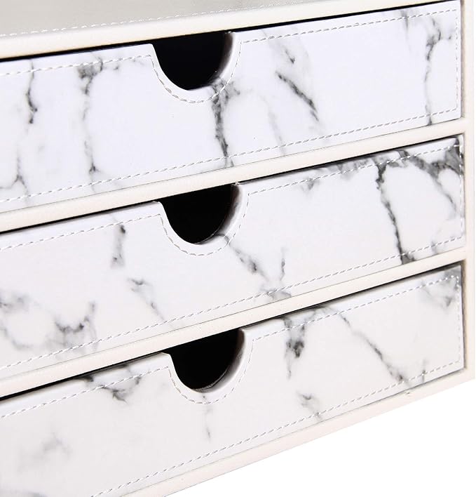 Ayunga PU Leather Desk Organizer with 3 Drawers, Executive Office Supplies Desktop Filing A4 File Cabinet/Holder, Stackable Storage Box for Jewelry/Bill/Paper/Documents/Makeup Home Decor Accessories