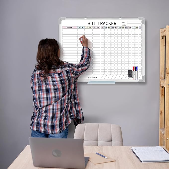 Feifeiya 24 x 18 Inch Monthly Bill Payment Tracker Organizer Whiteboard Aluminum Frame Wall Monthly Bill Payment Checklist Magnetic Dry Erase Board Planner for Personal Budgeting Financial(Classic)