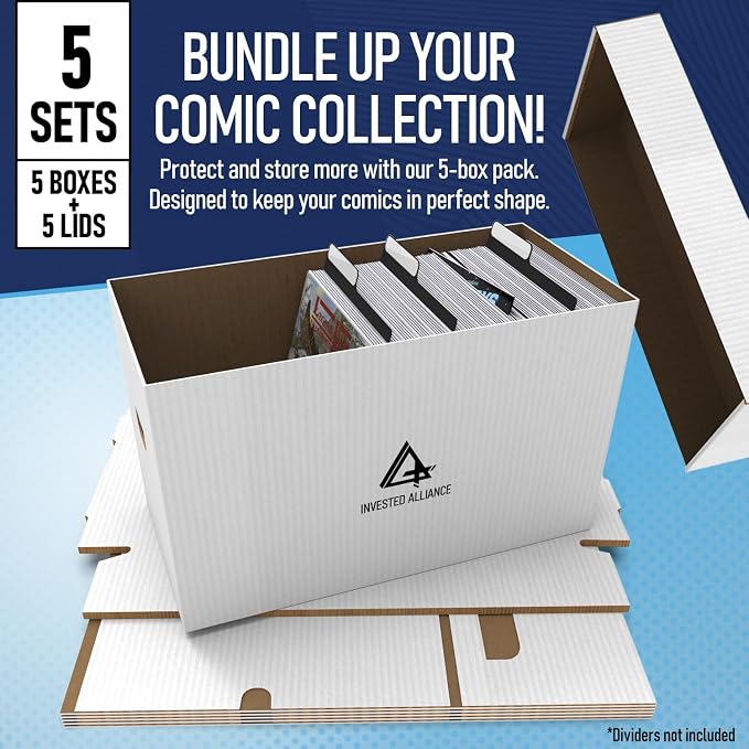 Invested Alliance Premium Short Comic Book Storage Box Organizer with Lid | Thick Cardboard Comic Storage Box For Collectibles Fits 150-175 Current/Silver Age, Heavy Duty & Stackable.