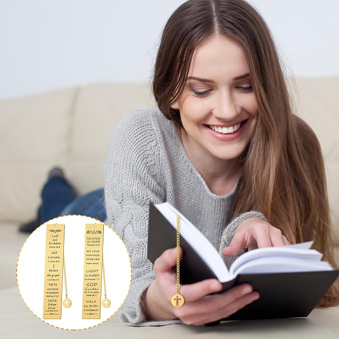 Fainne 5 Pcs Bible Verse Metal Bookmark Christian Gifts for Women Men Baptism Inspirational Religious Bookmarks with Church Cross Chain Scripture for First Communion Book Lovers Christian Gift(Gold)