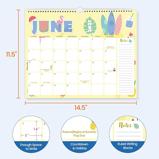 SUNEE Wall Calendar 2026-2027- 21 Months Apr.2026 - Dec. 2027, 14.5"x11.5" Big Grid Hanging Calendar 2026 with Note for Organizing & Planning, 2026 Wall Calendar with Note, Cute