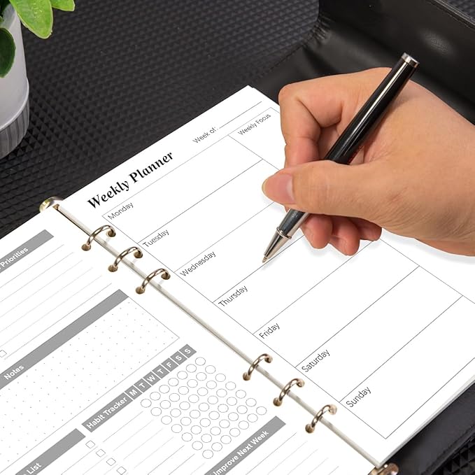 (2-Pack) Weekly Planner Refills for A5 Binders - 106 Sheets/212 Pages Undated Weekly Planner, 6-Hole Punched, 100 gsm White Paper, Lasts 1 Year, Undated, 5.8" x 8.3", Black