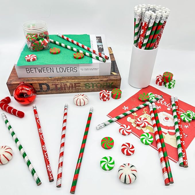 Cinrobiye 100 Pieces Christmas Pencils and Candy Cane Eraser Bulk,Xmas Stationery Pencil Christmas Eraser for Holiday School Party Favors Stocking Stuffers Classrooms Student Rewards Teacher Supplies