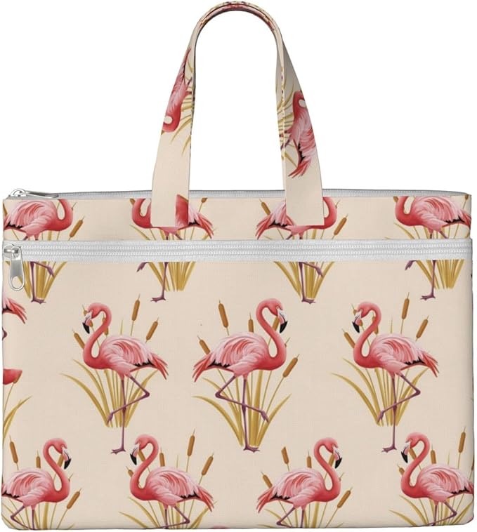 Waterproof Canvas Zipper File Bag with Handle, Pink Flamingo Style Portable Document Organizer for Office Travel Business Briefcase