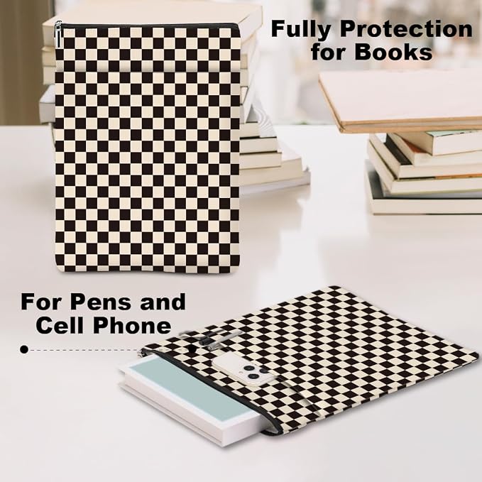 Black Plaid Book Lovers Gifts Book Sleeve Vintage Checkered Waterproof Book Cover Book Pouch Book Protector with Front Pocket Book Club Christmas Birthday Gifts for Women Girl Reader Book Accessories