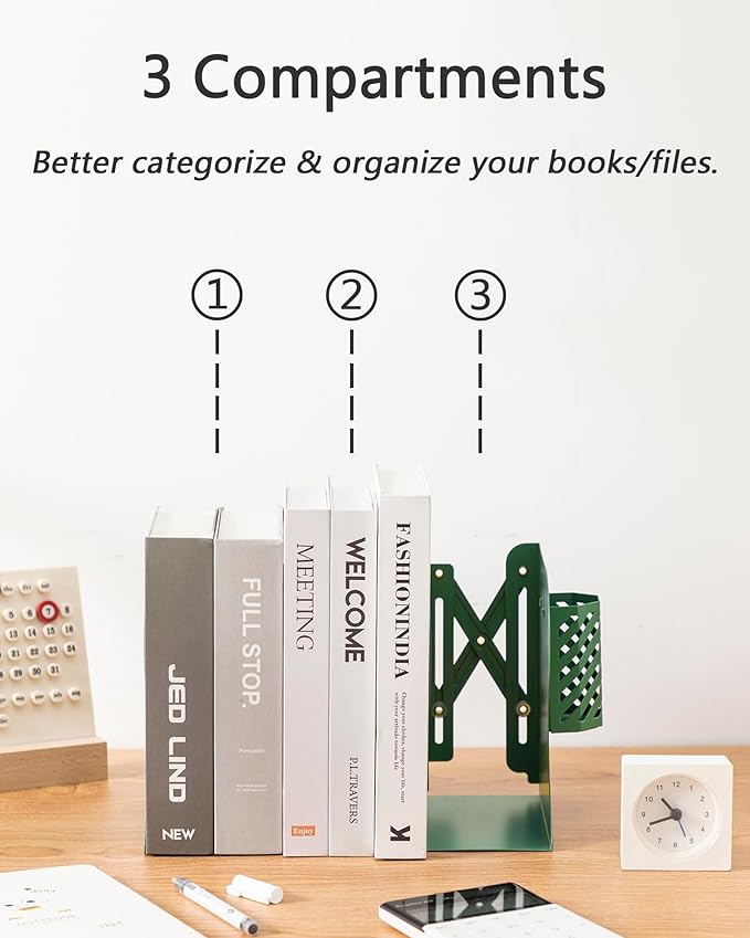 Kingsmile Book Ends, Adjustable Bookends for Shelves, Metal Bookends for Heavy Books, Book Stopper Organzier with Pen Holder for Desk, Kids Room, Office, Classroom, Library, Study Room.(Green)
