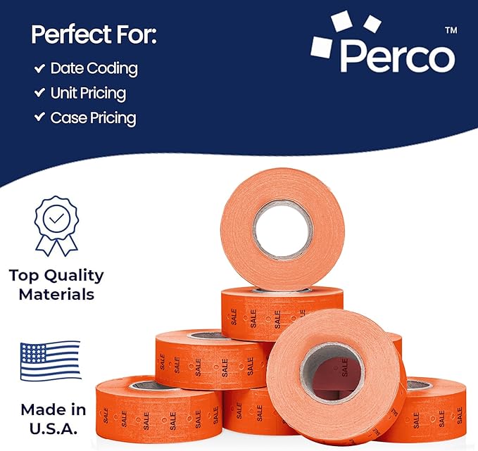 Perco 1 Line Fluorescent Red Sale Labels - 80 Rolls, 10 Sleeves, 80,000 Blank Price and Date Gun Labels for Perco Lite, X, Plus and Pro 1 Line Price and Date Guns - Made in USA