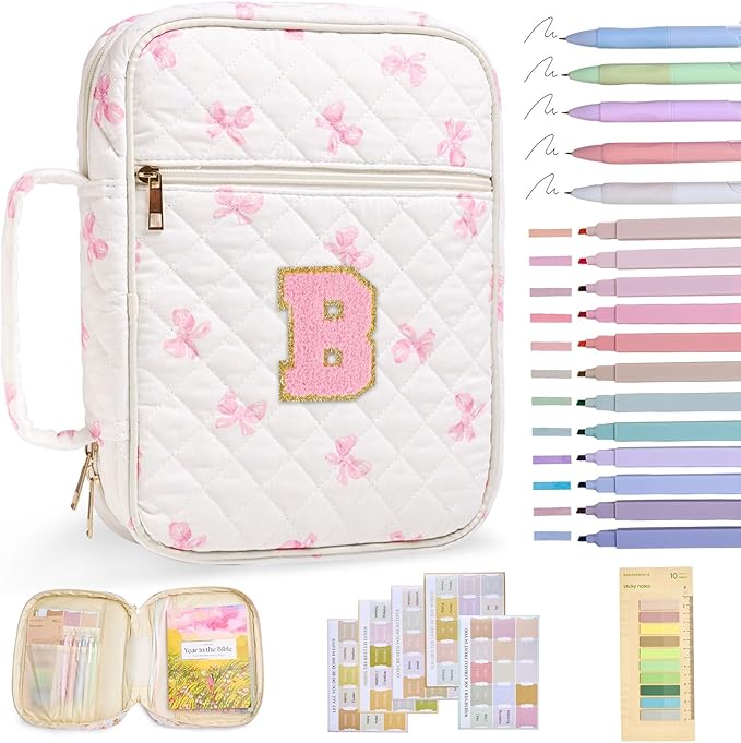 Personalized Initial Bible Cover Case for Women Girls Kid Large Bible Cover with Durable Handle Quilted Bible Carrying Case for Girls Bible Study Supplies Accessories (Pink Bow B, one Size)