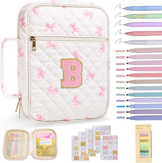 Personalized Initial Bible Cover Case for Women Girls Kid Large Bible Cover with Durable Handle Quilted Bible Carrying Case for Girls Bible Study Supplies Accessories (Pink Bow B, one Size)