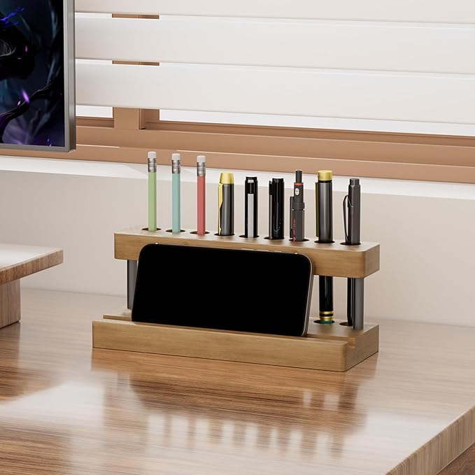 Wooden Holder for Office Desk, Solid Wood Pen Display Stand With 9 Slots and Cell Phone Holder, Aesthetic Pen Organizer for Minimalist Office Desk Decor (Wood+Black)