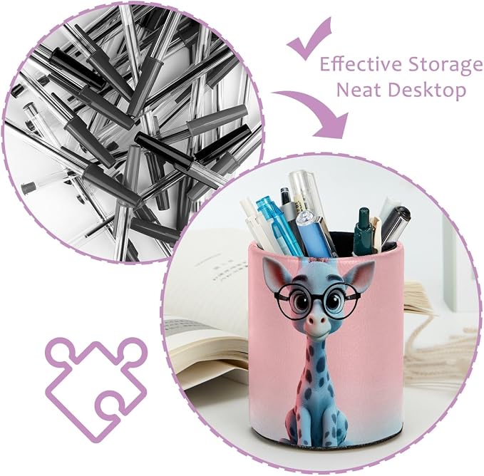 Leather Pen Holder for Desk, Cute Giraffe Makeup Brushes Holder Pencil Cup Multifunctional Desktop Organizer Caddy for Home School Office Desk Accessories