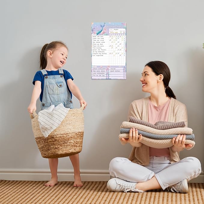 Clever Clean Dry Erase Chore Chart for Kids, Reusable Reward Chart, Non-Magnetic Kids Chore Board Clings to Any Smooth Surfaces, 6 Dry Erase Markers Included (Mermaid)