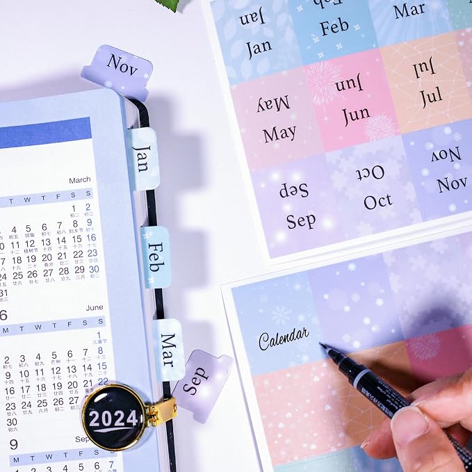 Mini Monthly Tabs for Planners - Stay Organized with Sticky Pastel Month Dividers & Labels, 24 Pre-printed Tabs and 12 Black Tabs for Planner, Notebooks and Journals - (Mini Size 0.98" x 0.7")