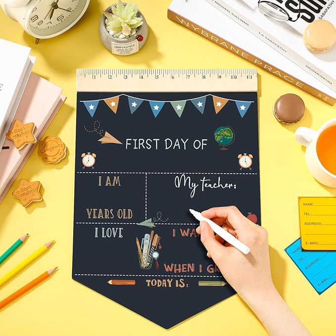 First and Last Day of School Chalkboard Rainbow First Day of School Sign 13.8 x 10 Inch Reusable Double Sided Sign for Graduation Kids Preschool Kindergarten(Pencil Style)