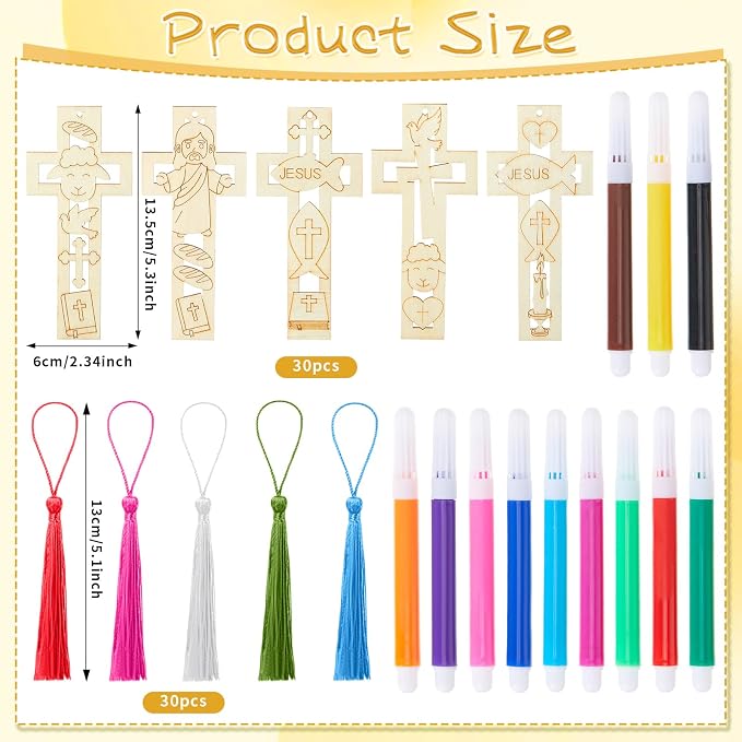 Yexiya 30 Sets DIY Christian Bible Bookmarks for Crafts, Unfinished Wooden Cutouts with 30 Tassels & 12 Color Markers, Bulk Religious Art Supplies for Sunday School, Vbs, Baptism & Church Activities