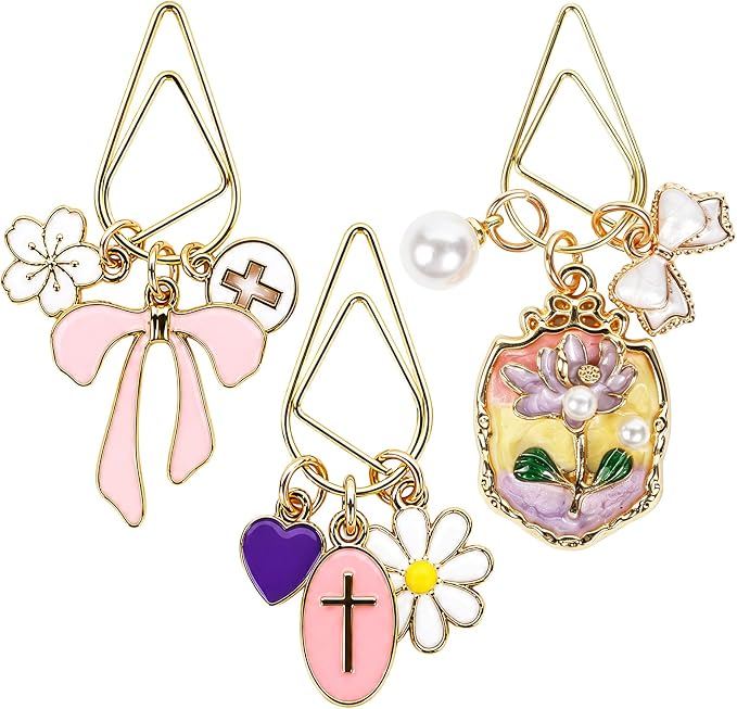 Wxiben Bow Paper Clip Bookmark - 3 Pcs Flower Cross Metal Paperclip Book Mark with Charms Page Marker Planner Decorative Paper Clips Gifts for Women Reading Book Lover School Accessories