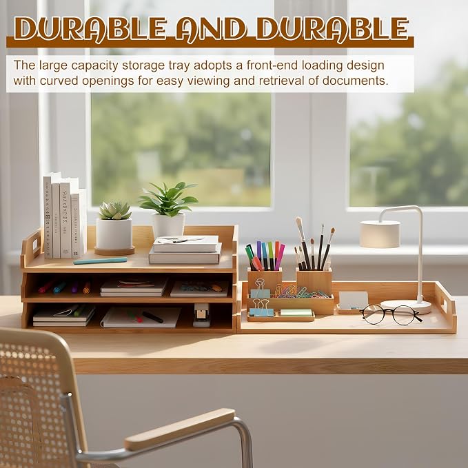 AceOrbit 4 Pcs Stackable Paper Tray Bamboo Wood Desk Organizer Letter Tray 4 Tier Wooden File Organizer Desk Shelf for Documents, Letter Sorter, Envelopes and Magazine Holder