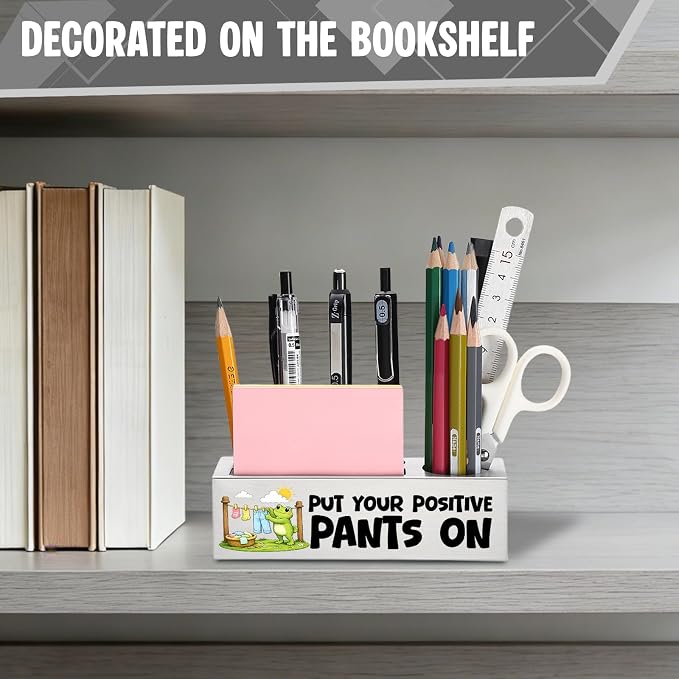 FOKCBOCM Positive Message Stainless Steel Pen Holder, Put Your Positive Pants On Desk Organizer Gift for Coworker, Teacher, Office Encouragement Decor, Motivational Workspace Accent-DS112