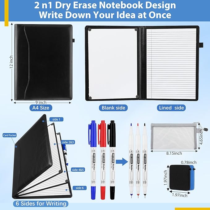 Feifeiya 6 Sides Dry Erase Notebook Portable Whiteboards Notebook Small Reusable College Ruled Lined Board Folding Mini Travel Dry Erase White Board for Office Study(Black,A4: 9 x 12 Inches)