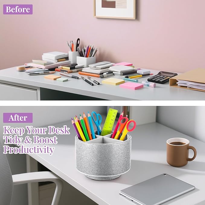 Epakh PU Leather Glitter Pen Holder 360 Degree Spinning Silver Bling Pencil Cup Gift for Teacher Women Girls Makeup Brush Organizer Cup Desk Office Classroom Home Back to School Festival (6 Inch)