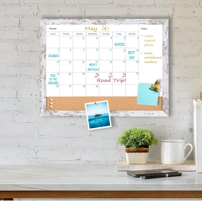Monthly Calendar Dry Erase White Board & Cork Bulletin Board，13" x 17" White Wood Frame，Magnetic Surface Whiteboard.Perfect for Organizing Your Space.Whiteboard+Cork-3343B-WH