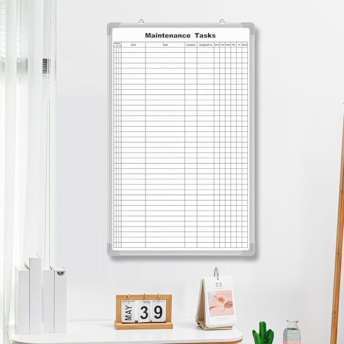 AmazingSpark Lined Whiteboard Blank Grid Aluminum Frame Dry Erase Board Reusable Wall Mounted Board for Scheduling, to Do Lists Weekly Planning Home Work(36 x 24 Inch,Vertical Maintenance Tasks)