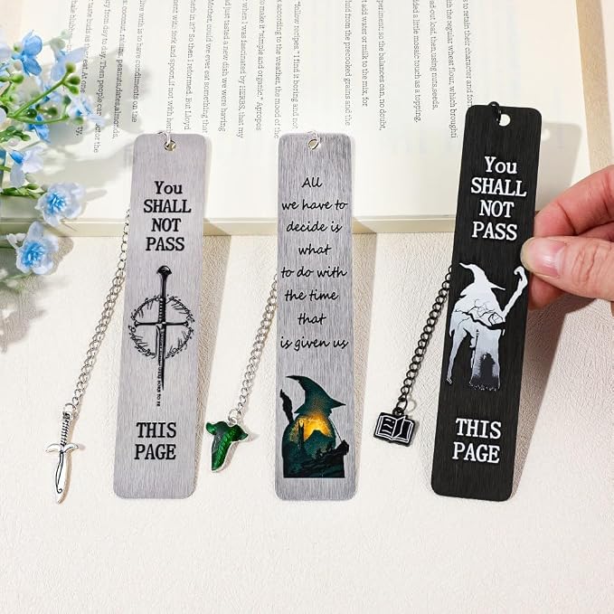 3Pcs Fantasy LOTR Metal Bookmarks Set, Elvish Leaf Pendant with Sword Charm, Evenstar Engraving, Epic Quotes Carved, Dark Academia Book Accessories, Gifts for Readers (Gandalf)